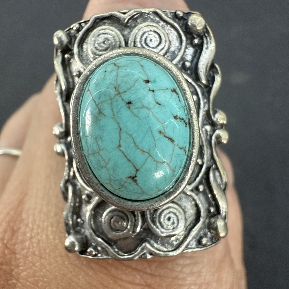 Vintage Turquoise Silver Tone Stretch Ring Big Comfortable Ring - Picture 1 of 16